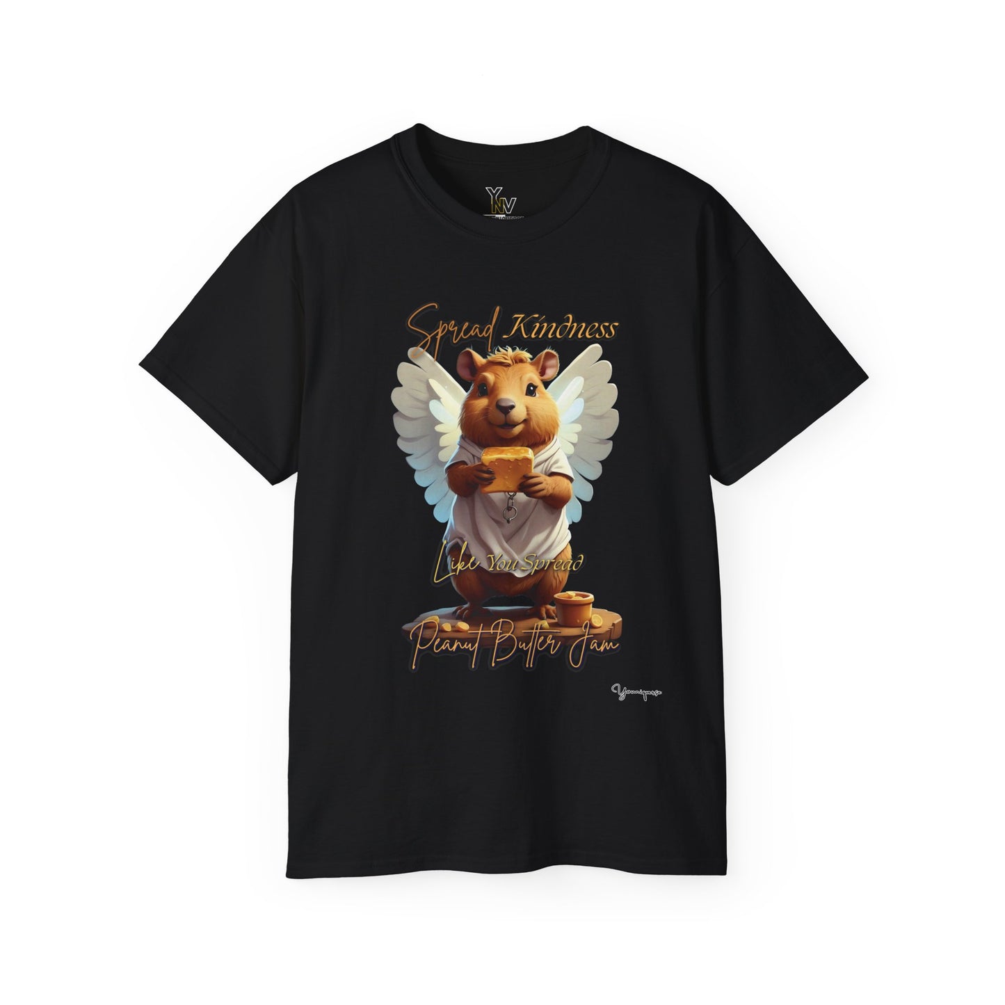 Black unisex t-shirt with a cute smiling capybara with angel wings holding a block of peanut butter, Spread Kindness Like You Spread Peanut Butter Jam 3 by Youniqverse