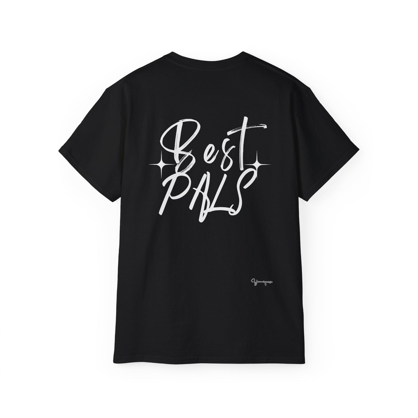 Black unisex eco-friendly t-shirt with Best Pals in uplifting styles on front and back, symbolizing friendship and positivity by Youniqverse