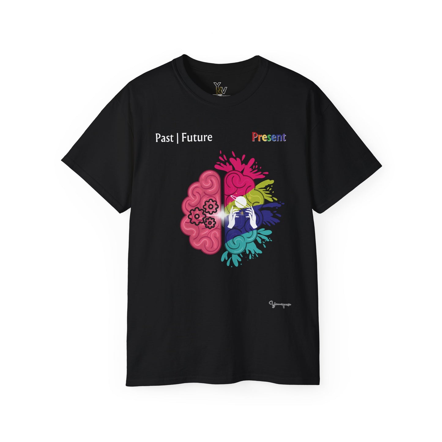 Black unisex cotton t-shirt with a graphic of colorful Brain Hemispheres, symbolizing past, future and present by Youniqverse