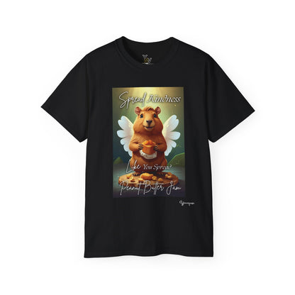 Black unisex t-shirt with a cheerful smiling capybara with angel wings holding a block of peanut butter, Spread Kindness Like You Spread Peanut Butter Jam by Youniqverse