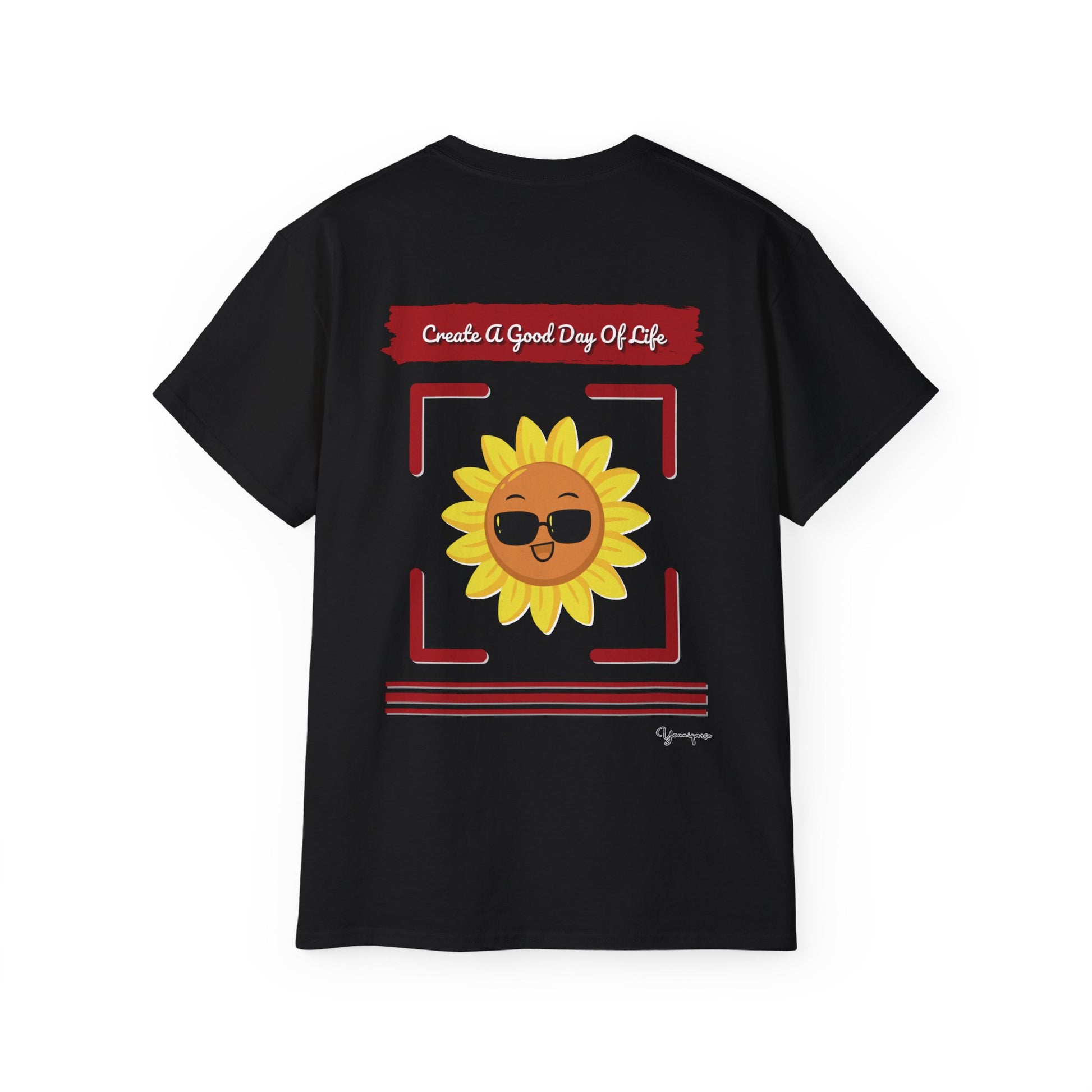 Black unisex t-shirt with a smiling sun in sunglasses Create a Good Day Of Life on front and back by Youniqverse