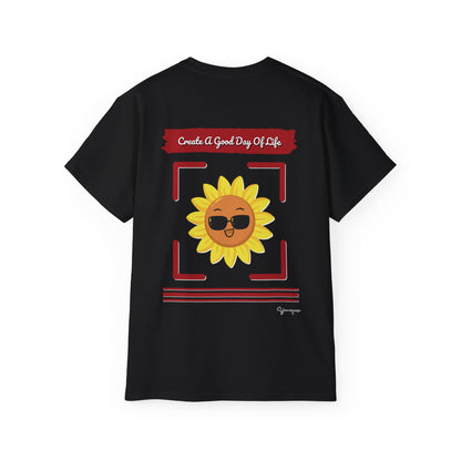 Black unisex t-shirt with a smiling sun in sunglasses Create a Good Day Of Life on front and back by Youniqverse