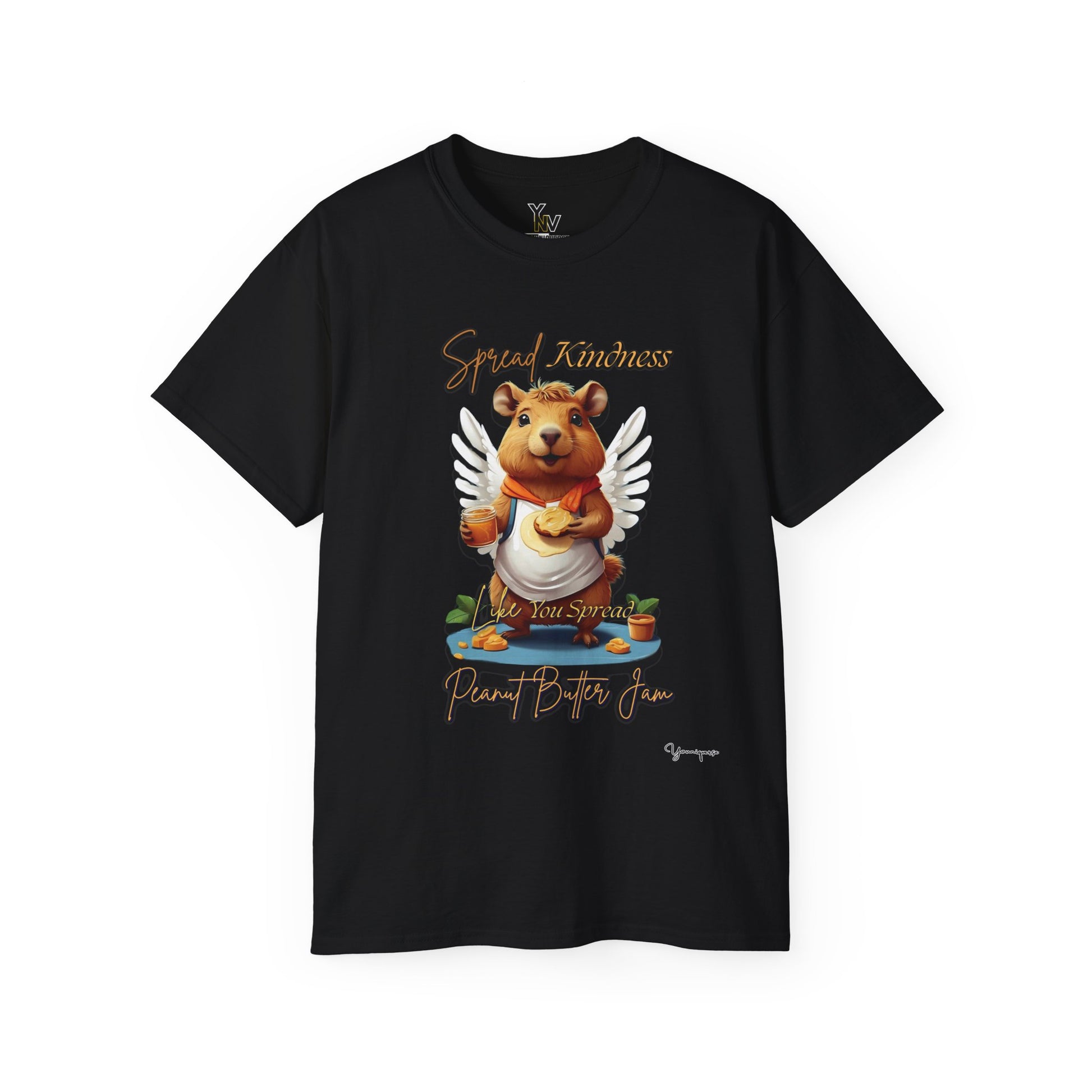 Black unisex t-shirt with a cute smiling capybara with angel wings holding a peanut butter jam and toast, Spread Kindness Like You Spread Peanut Butter Jam 2 by Youniqverse