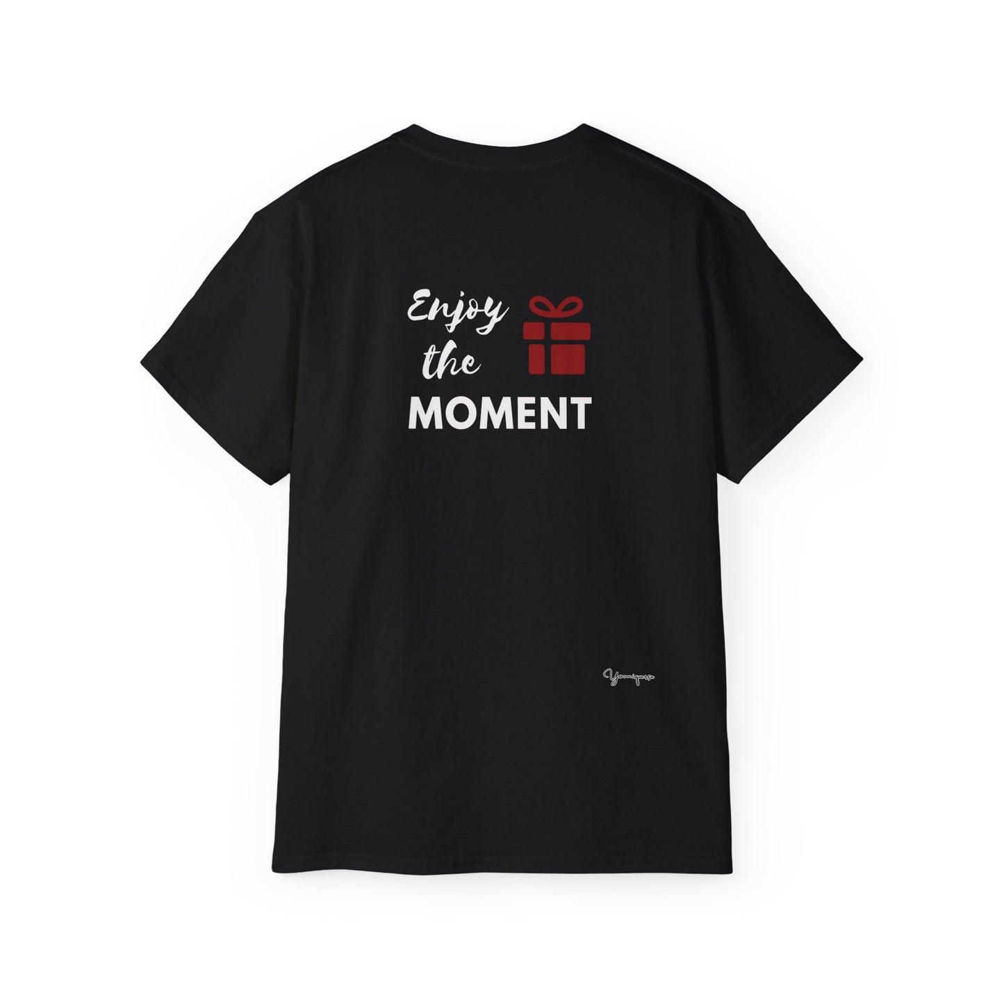 Black unisex t-shirt with a red gift box inspirational quote Enjoy The Present Moment on front and back by Youniqverse