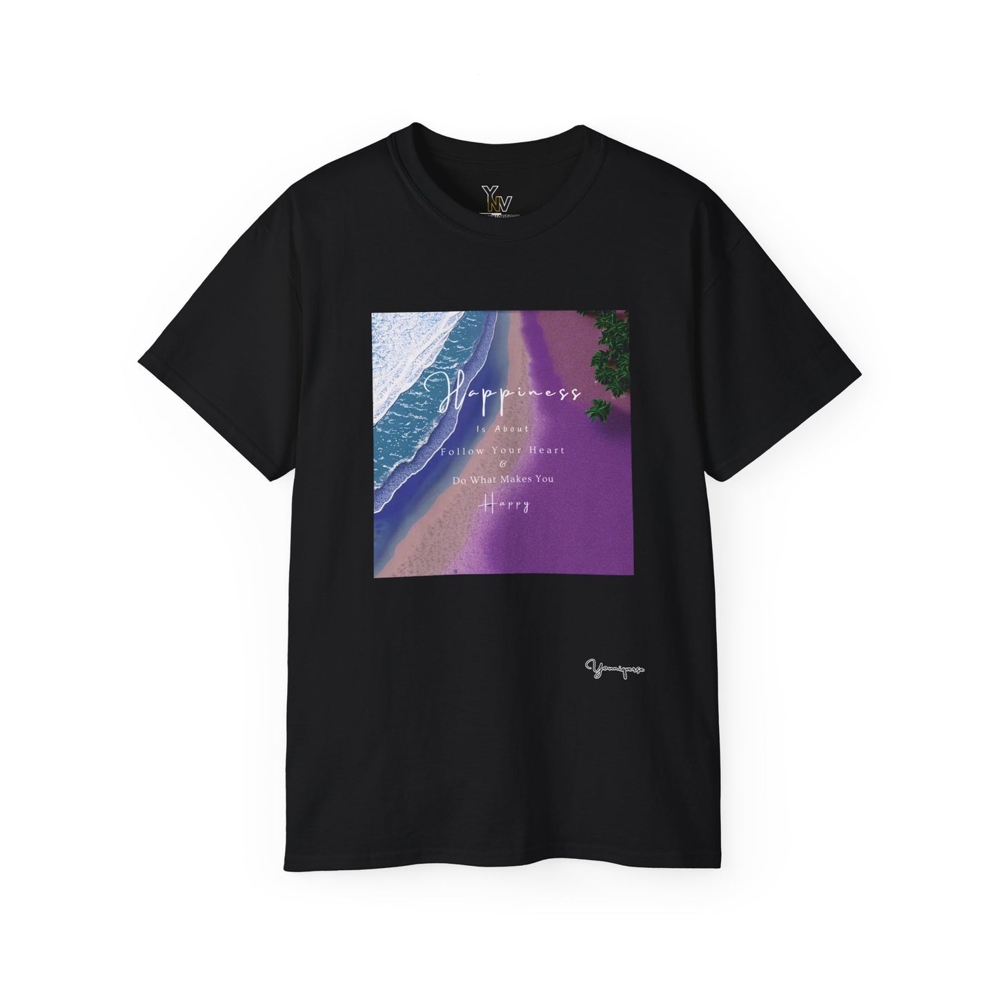 Black unisex t-shirt with purple beach graphic Happiness Is About Follow Your Heart and Do What Makes You Happy by Youniqverse