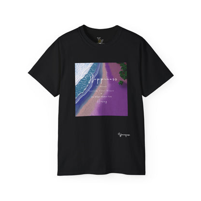 Black unisex t-shirt with purple beach graphic Happiness Is About Follow Your Heart and Do What Makes You Happy by Youniqverse