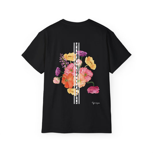 Black unisex cotton t-shirt with yellow pink purple florals graphic Just Be An Awesome You on front and back by Youniqverse