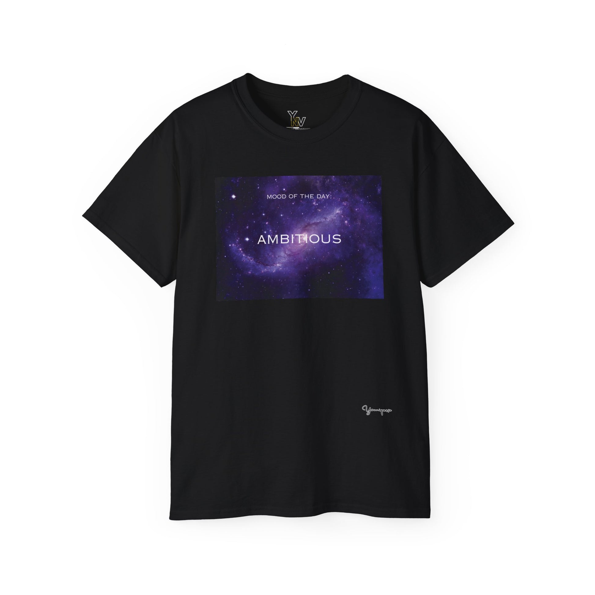 Black unisex t-shirt with a purple universe milky way galaxy motivational Mood Of The Day Ambitious by Youniqverse