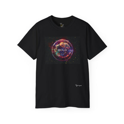 Black unisex t-shirt with a red sphere-shaped cosmos graphic motivational Mood Of The Day Bold by Youniqverse