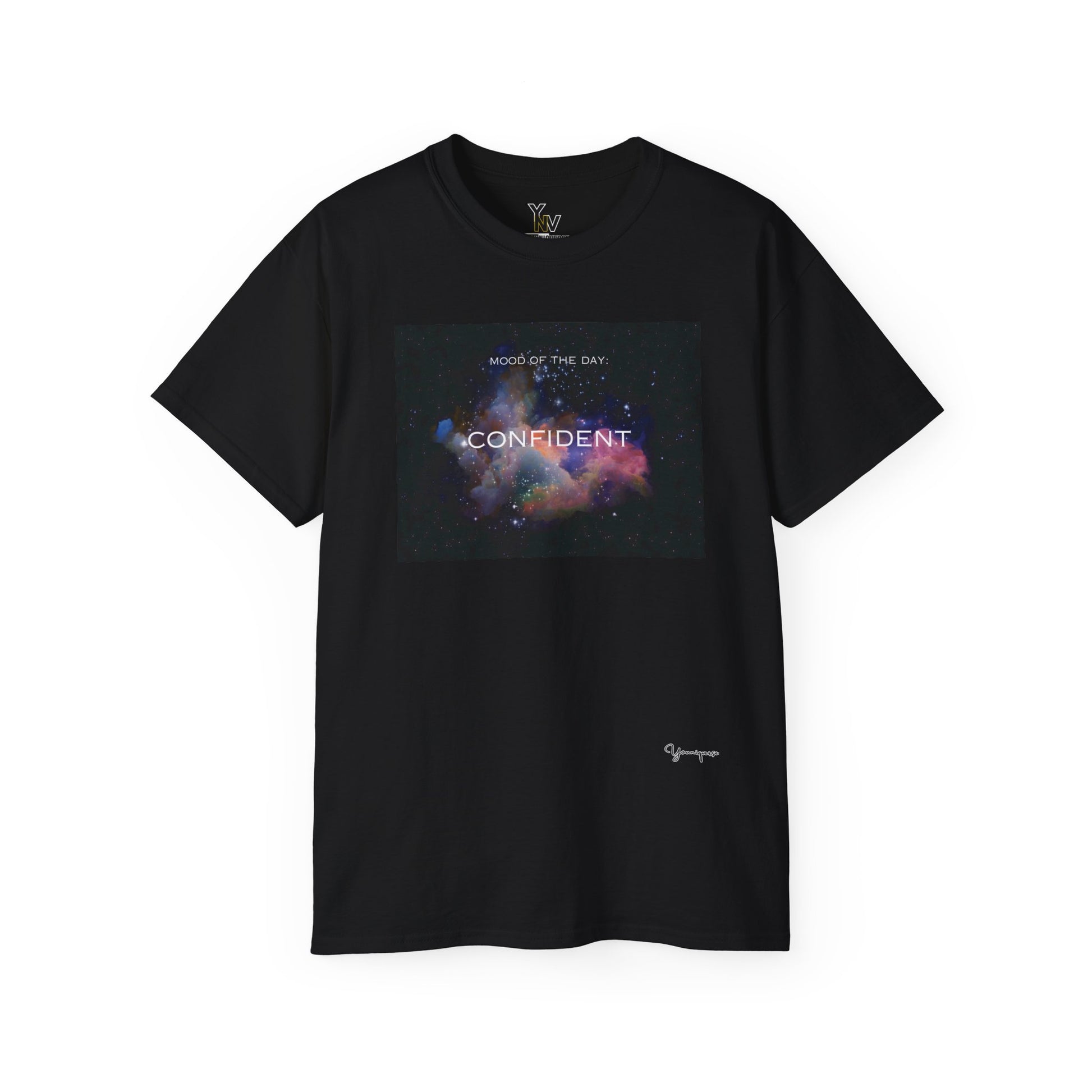 Black unisex t-shirt with a rainbow universe graphic motivational Mood Of The Day Confident by Youniqverse