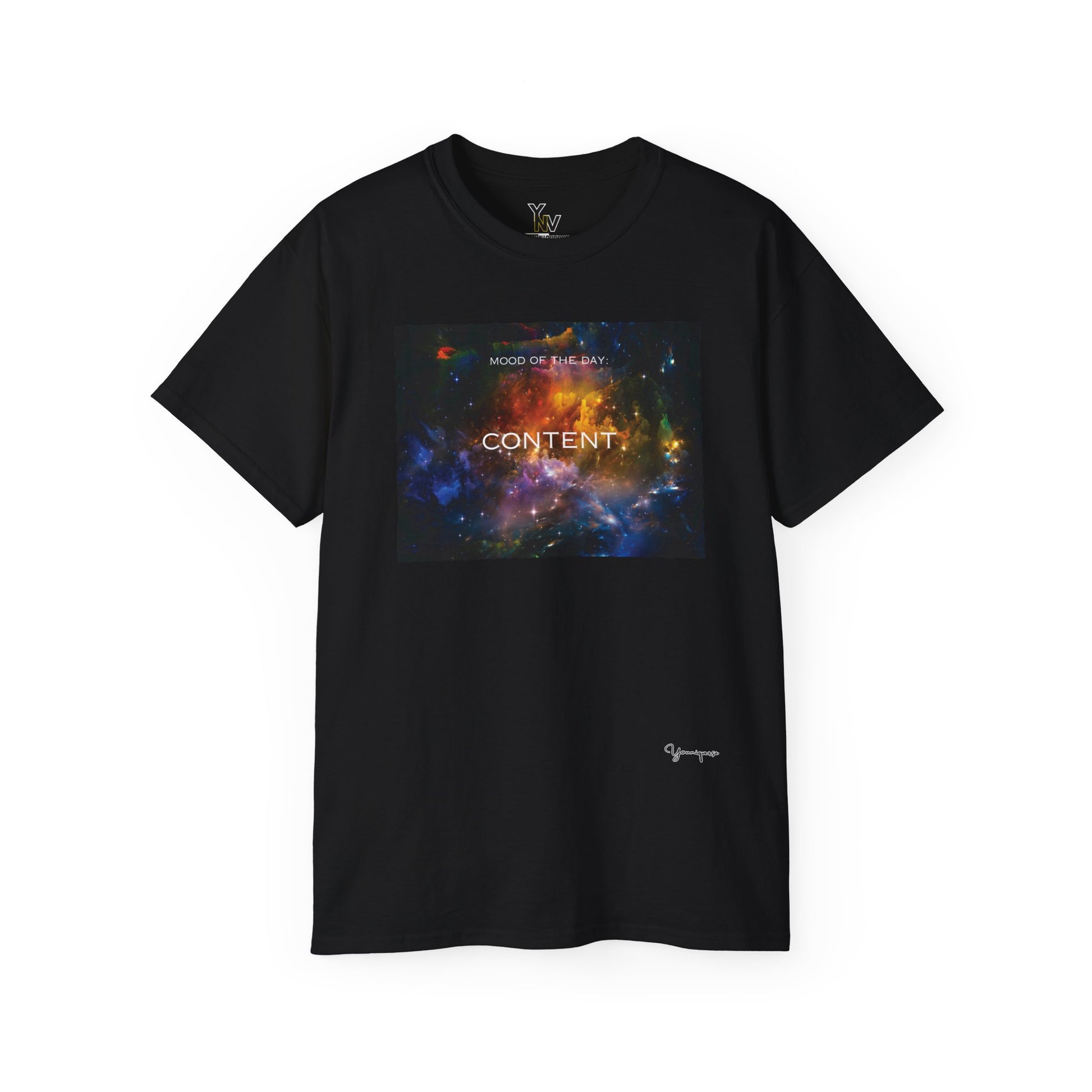 Black unisex t-shirt with a rainbow universe galaxy graphic motivational Mood Of The Day Content by Youniqverse