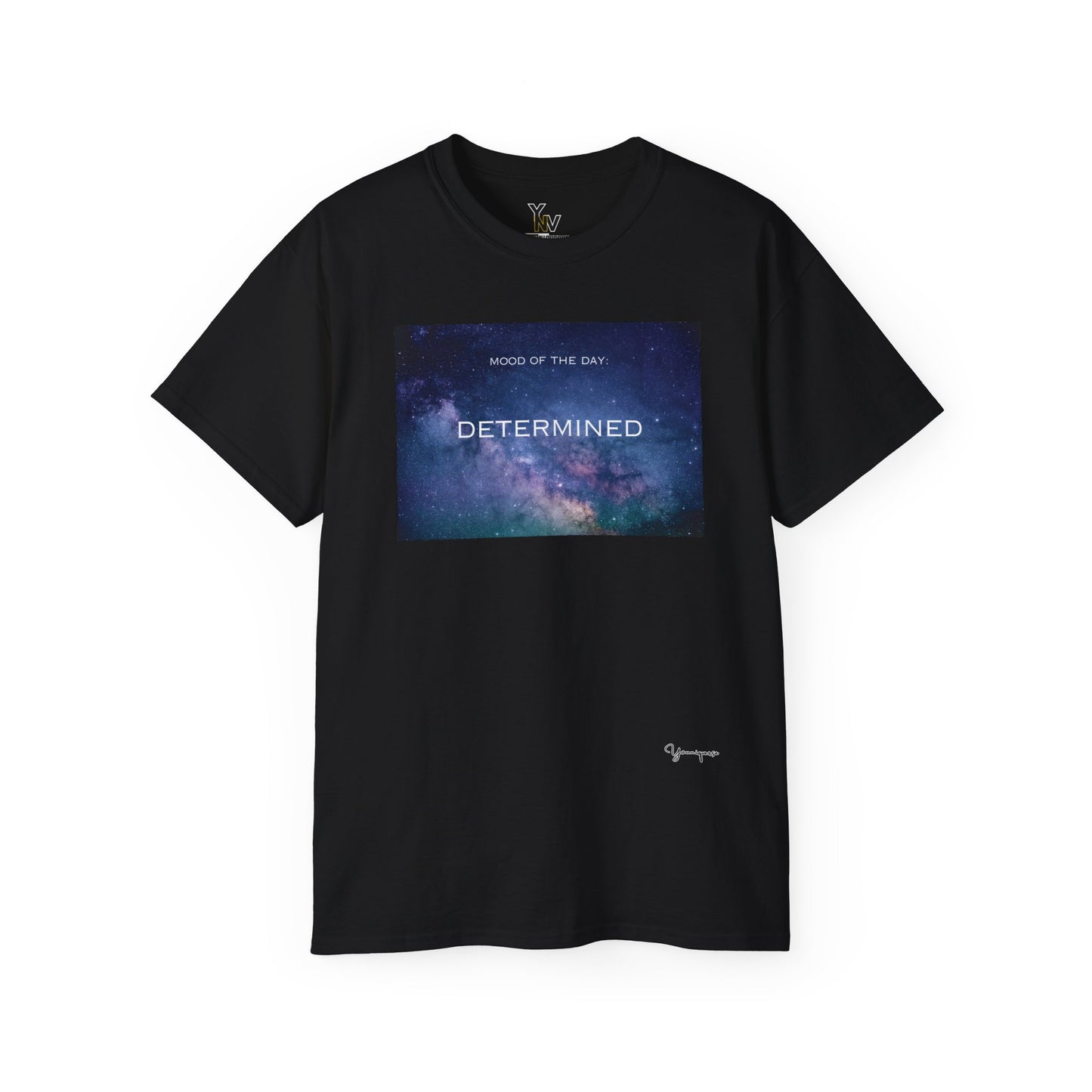 Black unisex t-shirt with a blue universe graphic motivational Mood Of The Day Determined by Youniqverse