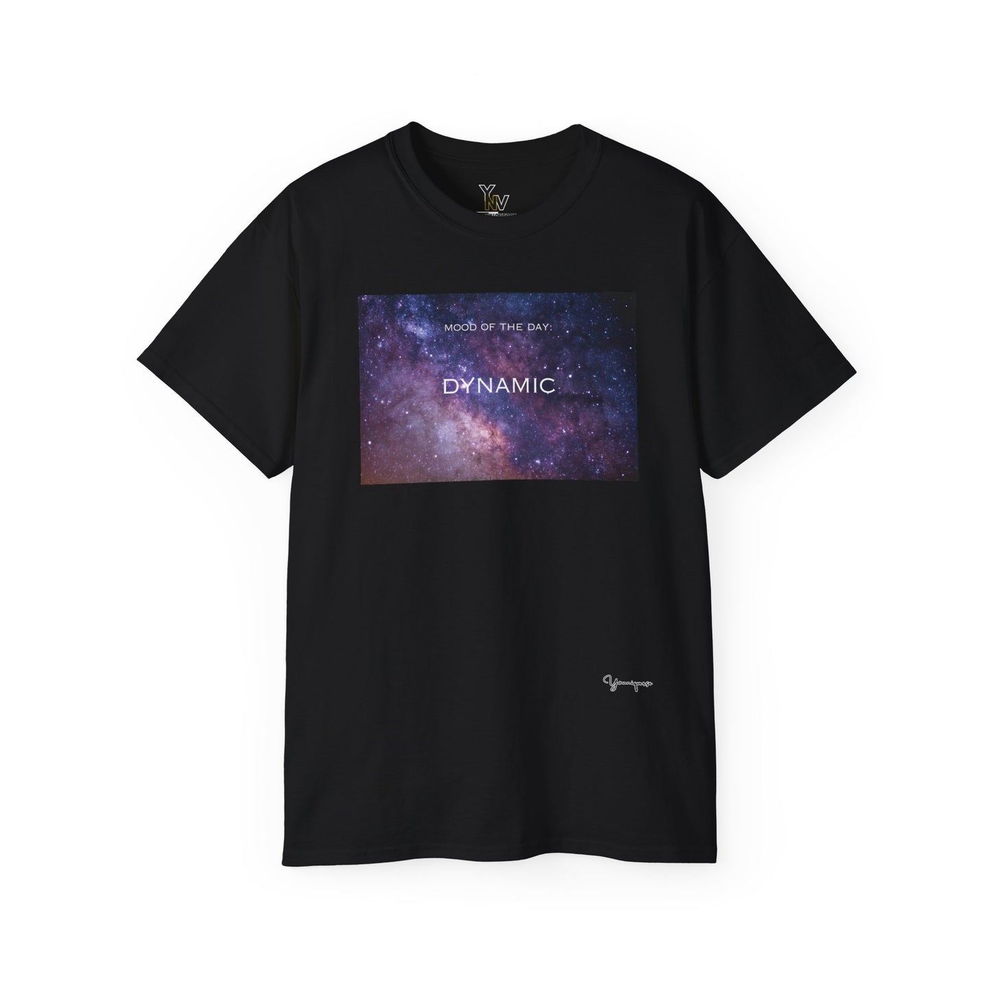 Black unisex t-shirt with a pink and purple universe galaxy motivational Mood Of The Day Dynamic by Youniqverse