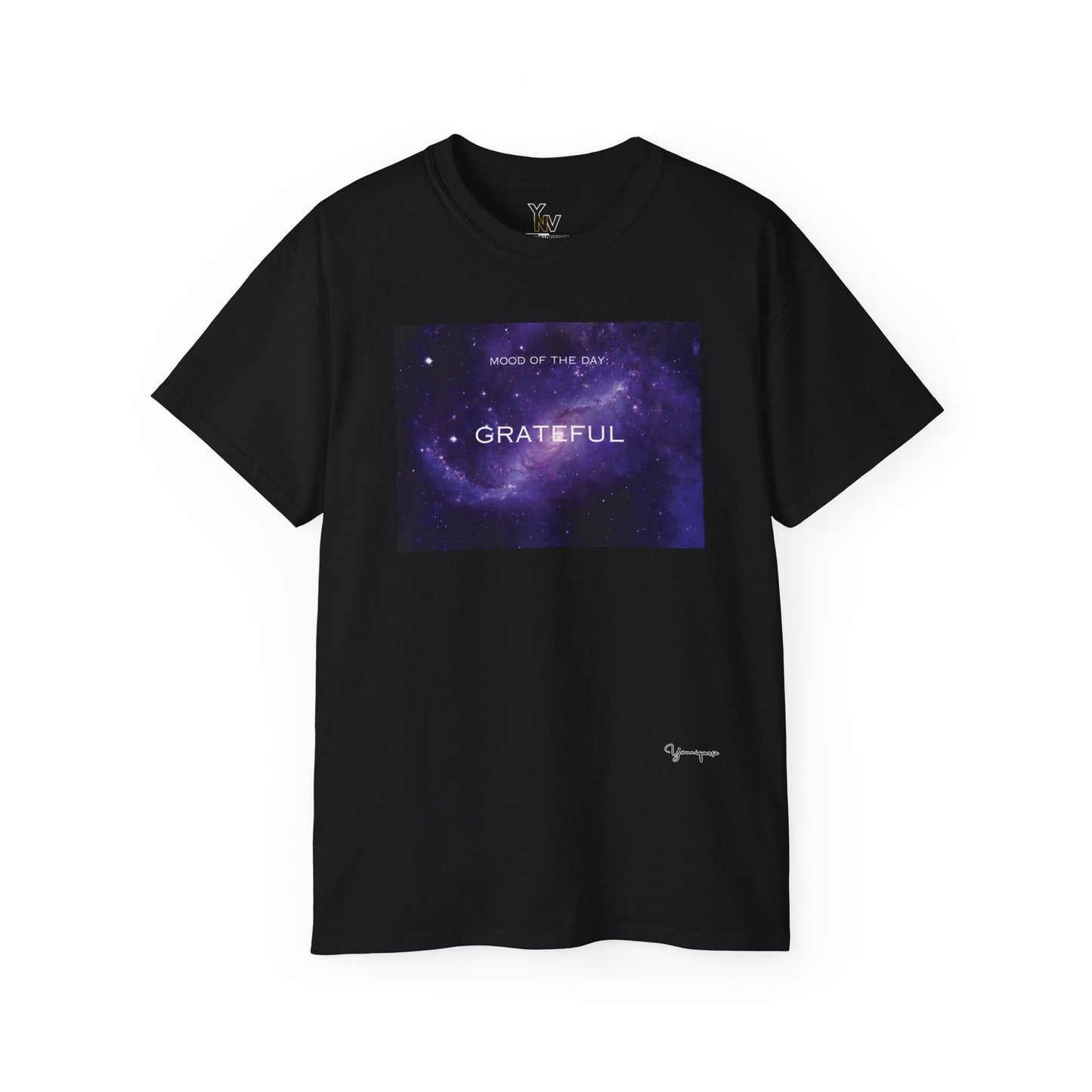 Black unisex t-shirt with a purple universe milk way galaxy motivational Mood Of The Day Satisfied by Youniqverse