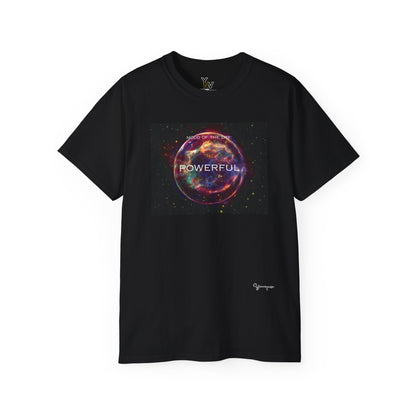 Black unisex t-shirt with a red sphere-shaped cosmos graphic motivational Mood Of The Day Powerful by Youniqverse