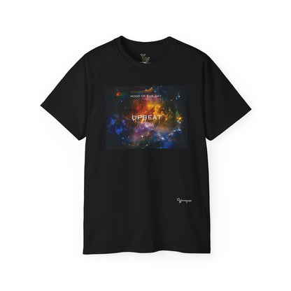 Black unisex t-shirt with a rainbow universe galaxy graphic motivational Mood Of The Day Upbeat by Youniqverse