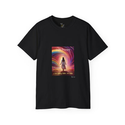 Black unisex t-shirt with a lady in white dress in rainbow aura with positive quote Everyday In Every Way I Am Getting better And Better, Peaceful Rainbow 2 by Youniqverse