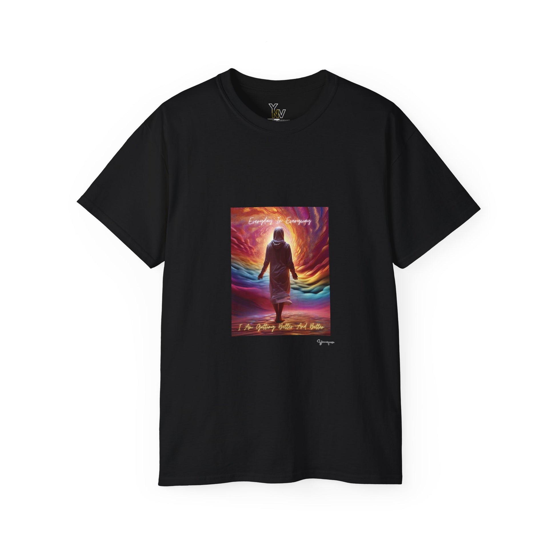 Black unisex t-shirt with a person in white attire on cloudy rainbow with positive quote Everyday In Every Way I Am Getting better And Better, Peaceful Rainbow 3 by Youniqverse