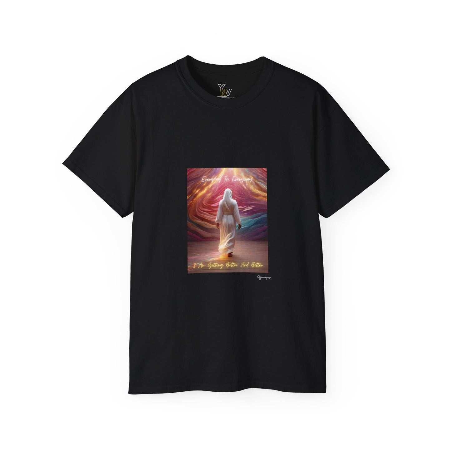 Black unisex t-shirt with a person in white attire in rainbow aura with positive quote Everyday In Every Way I Am Getting better And Better, Peaceful Rainbow by Youniqverse