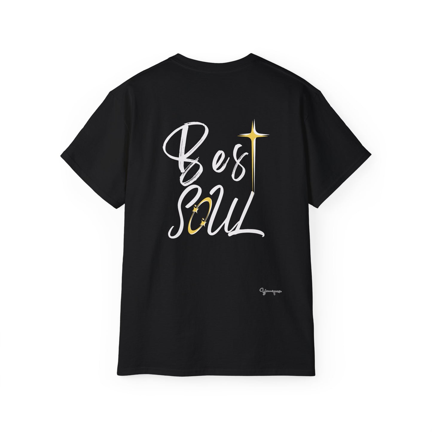 Black unisex cotton t-shirt with positive sparkling Best Soul on front and back by Youniqverse