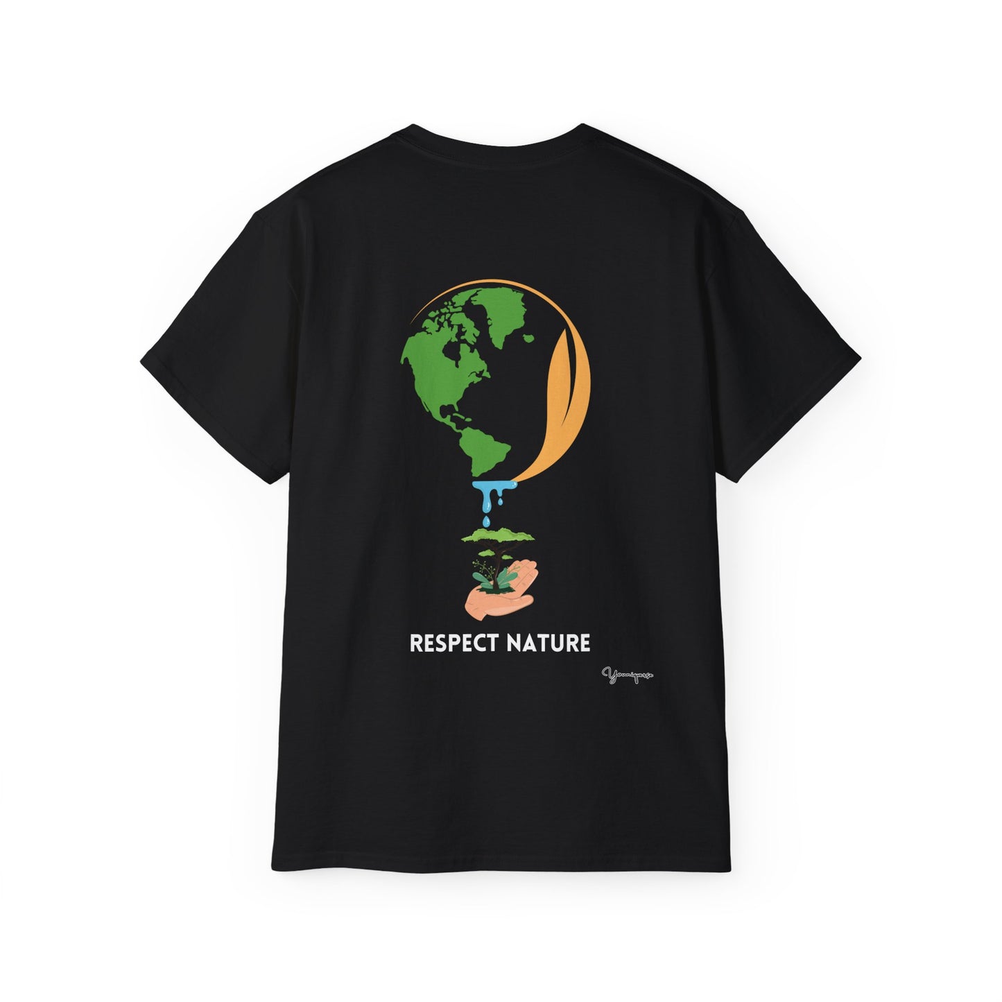 Black unisex t-shirt with hand holding earth watering a tree Respect Nature on front and back by Youniqverse