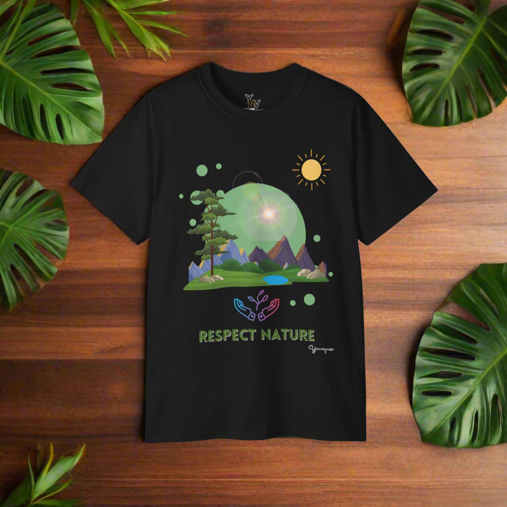 Black unisex t-shirt with a hands embracing glowing nature under the sun Respect Nature on wooden table by Youniqverse