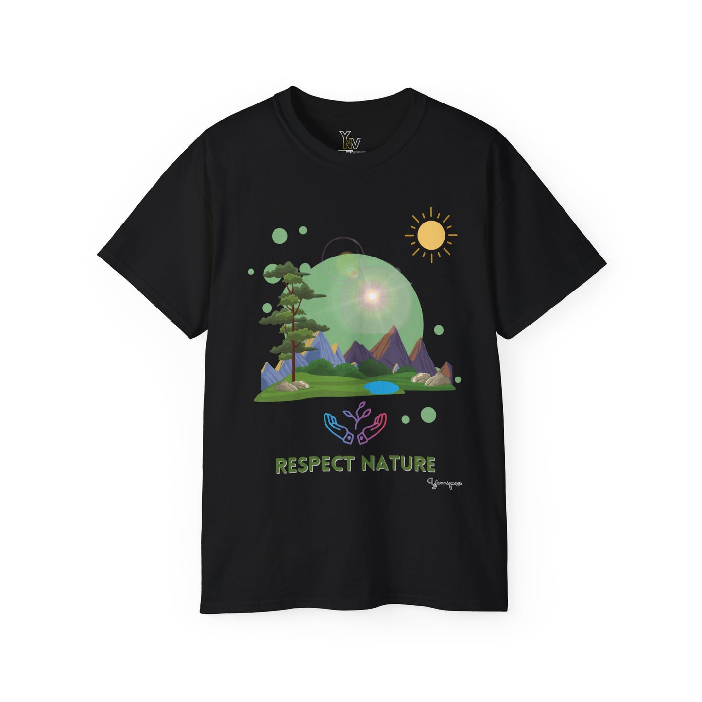 Black unisex t-shirt with a hands embracing glowing nature under the sun Respect Nature by Youniqverse