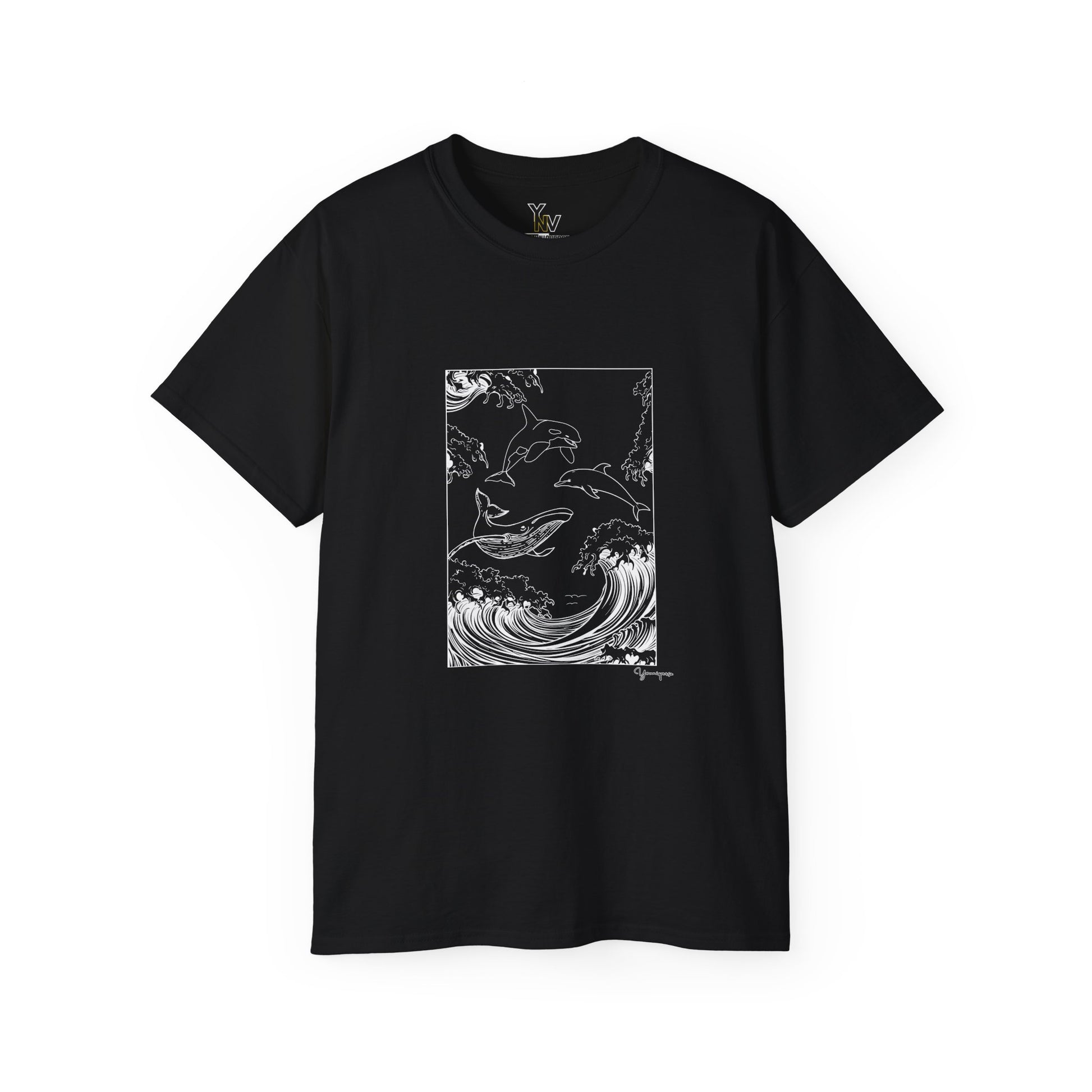 Black unisex t-shirt with a graphic of a whale, orca, and dolphin leaping from the sea, Ocean Wildlife - Whale Orca Dolphin Tee y Youniqverse