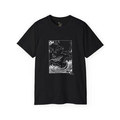 Black unisex t-shirt with a graphic of a whale, orca, and dolphin leaping from the sea, Ocean Wildlife - Whale Orca Dolphin Tee y Youniqverse