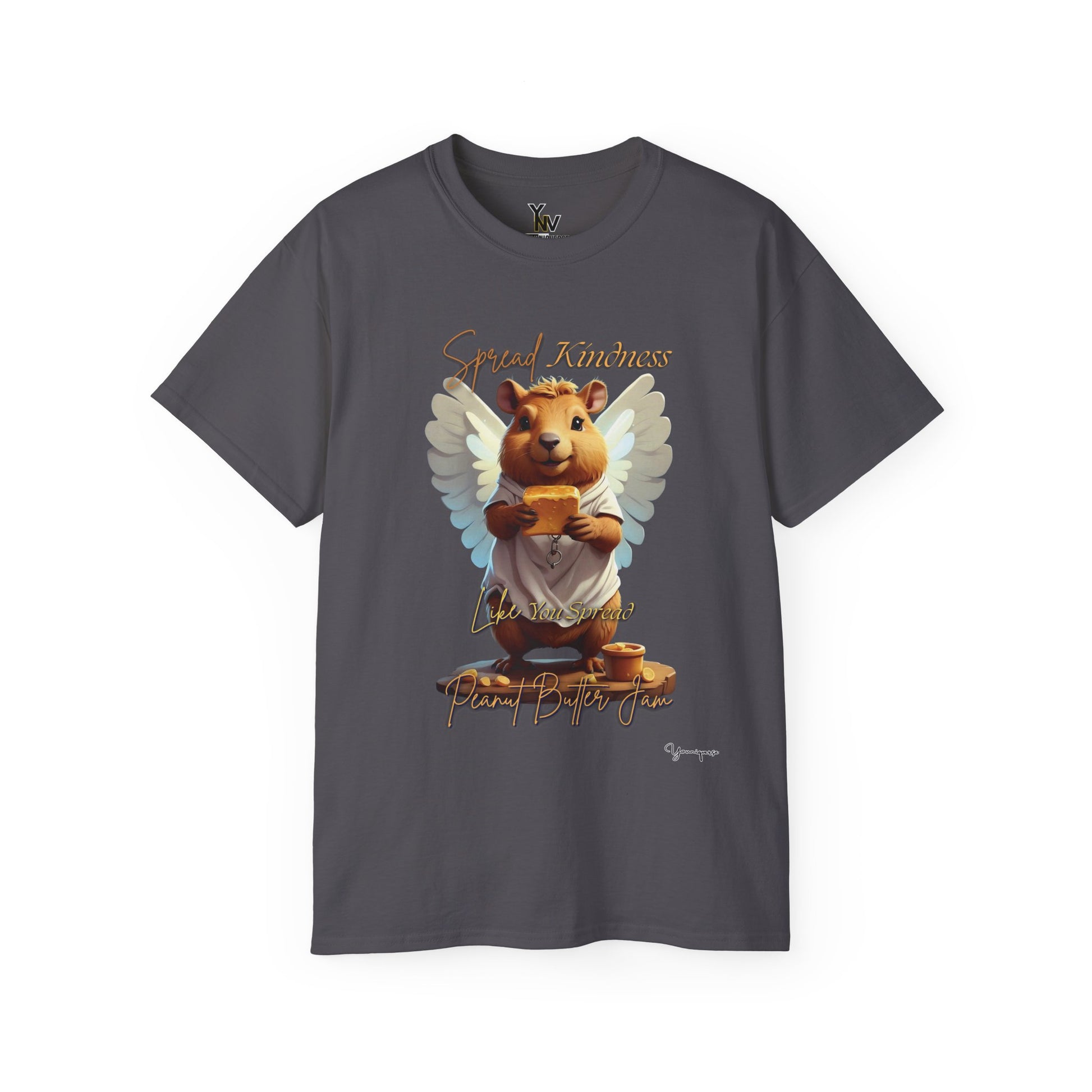 Charcoal unisex t-shirt with a cute smiling capybara with angel wings holding a block of peanut butter, Spread Kindness Like You Spread Peanut Butter Jam 3 by Youniqverse