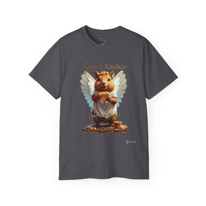 Charcoal unisex t-shirt with a cute smiling capybara with angel wings holding a block of peanut butter, Spread Kindness Like You Spread Peanut Butter Jam 3 by Youniqverse