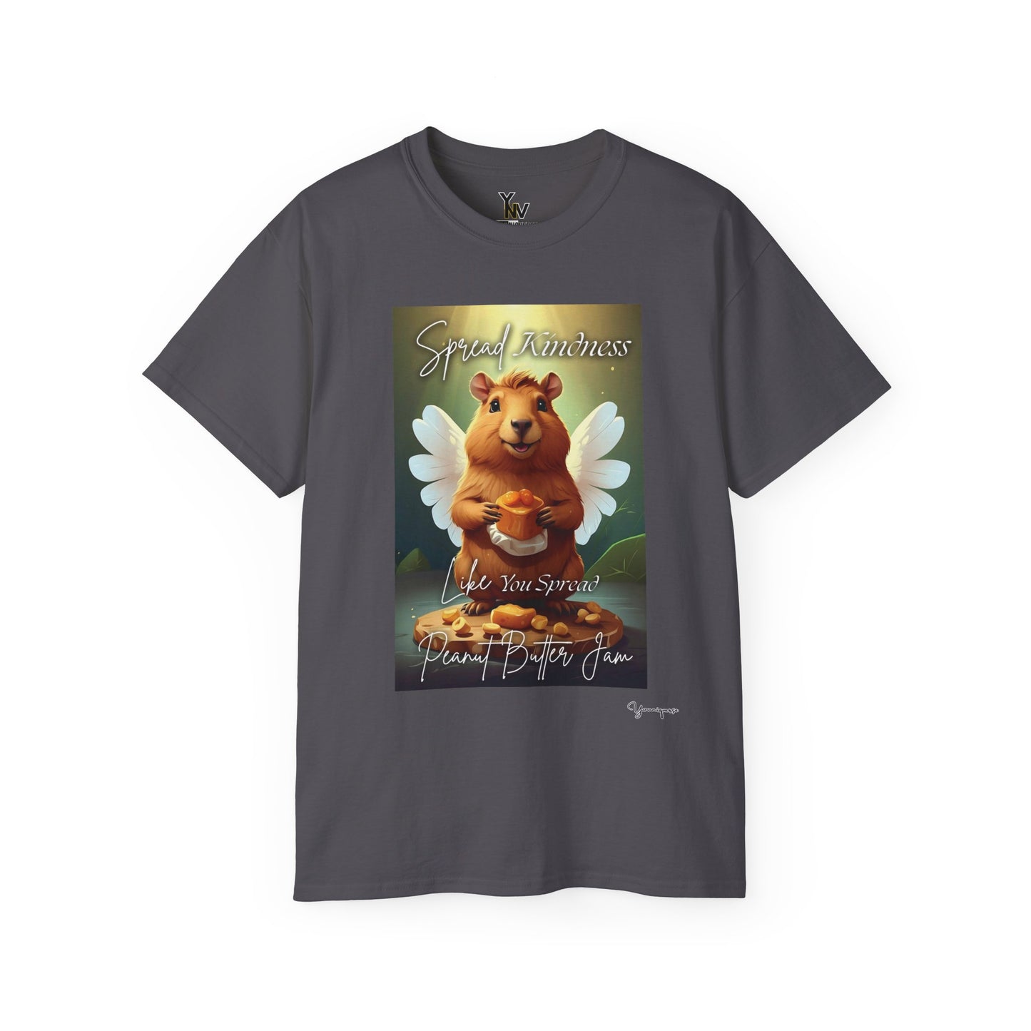 Charcoal unisex t-shirt with a cheerful smiling capybara with angel wings holding a block of peanut butter, Spread Kindness Like You Spread Peanut Butter Jam by Youniqverse