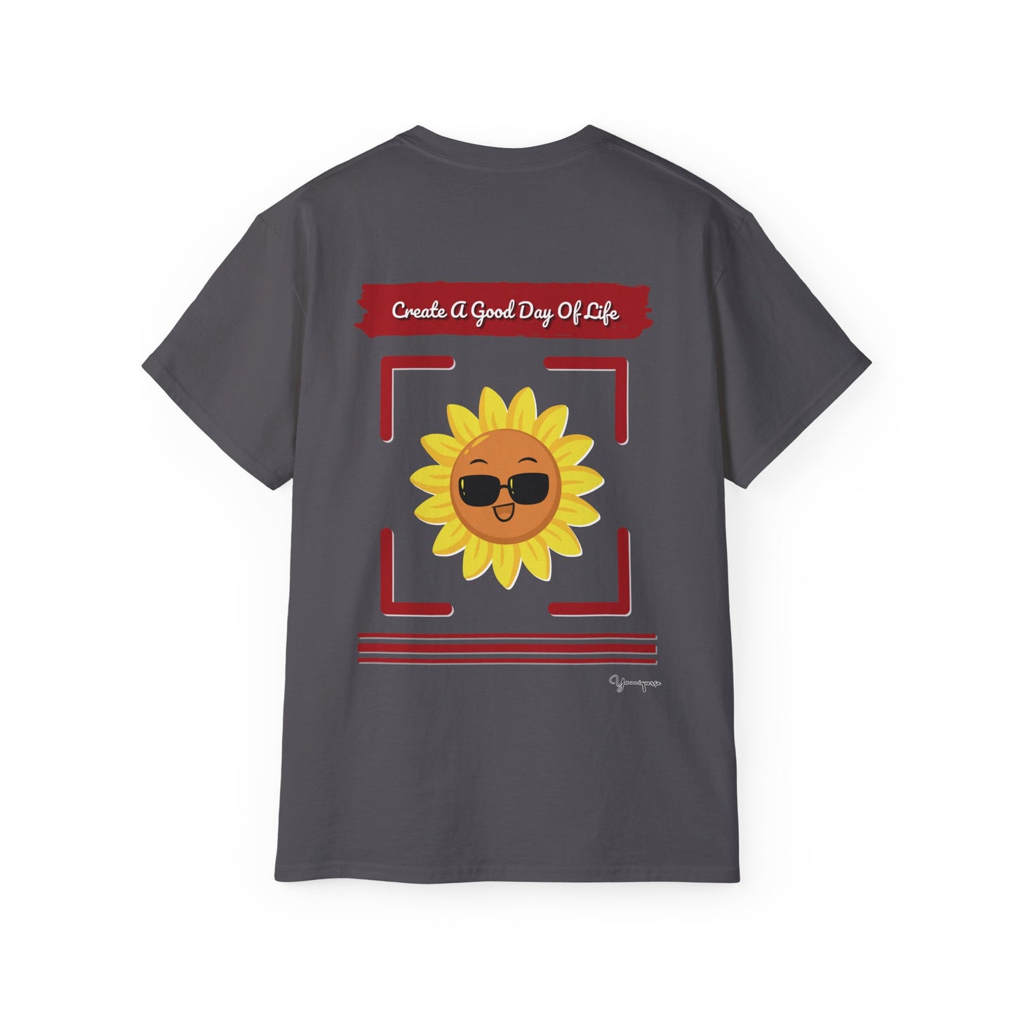 Charcoal unisex t-shirt with a smiling sun in sunglasses Create a Good Day Of Life on front and back by Youniqverse