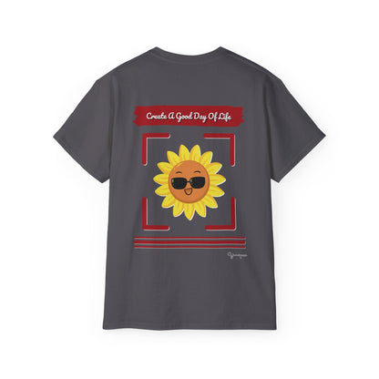 Charcoal unisex t-shirt with a smiling sun in sunglasses Create a Good Day Of Life on front and back by Youniqverse