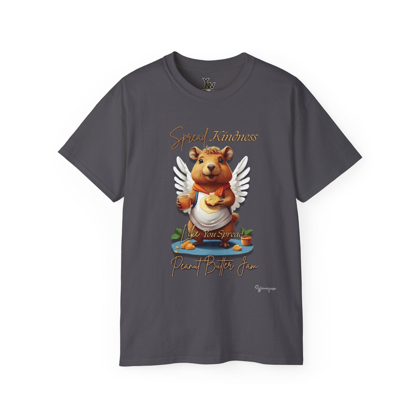 Charcoal unisex t-shirt with a cute smiling capybara with angel wings holding a peanut butter jam and toast, Spread Kindness Like You Spread Peanut Butter Jam 2 by Youniqverse