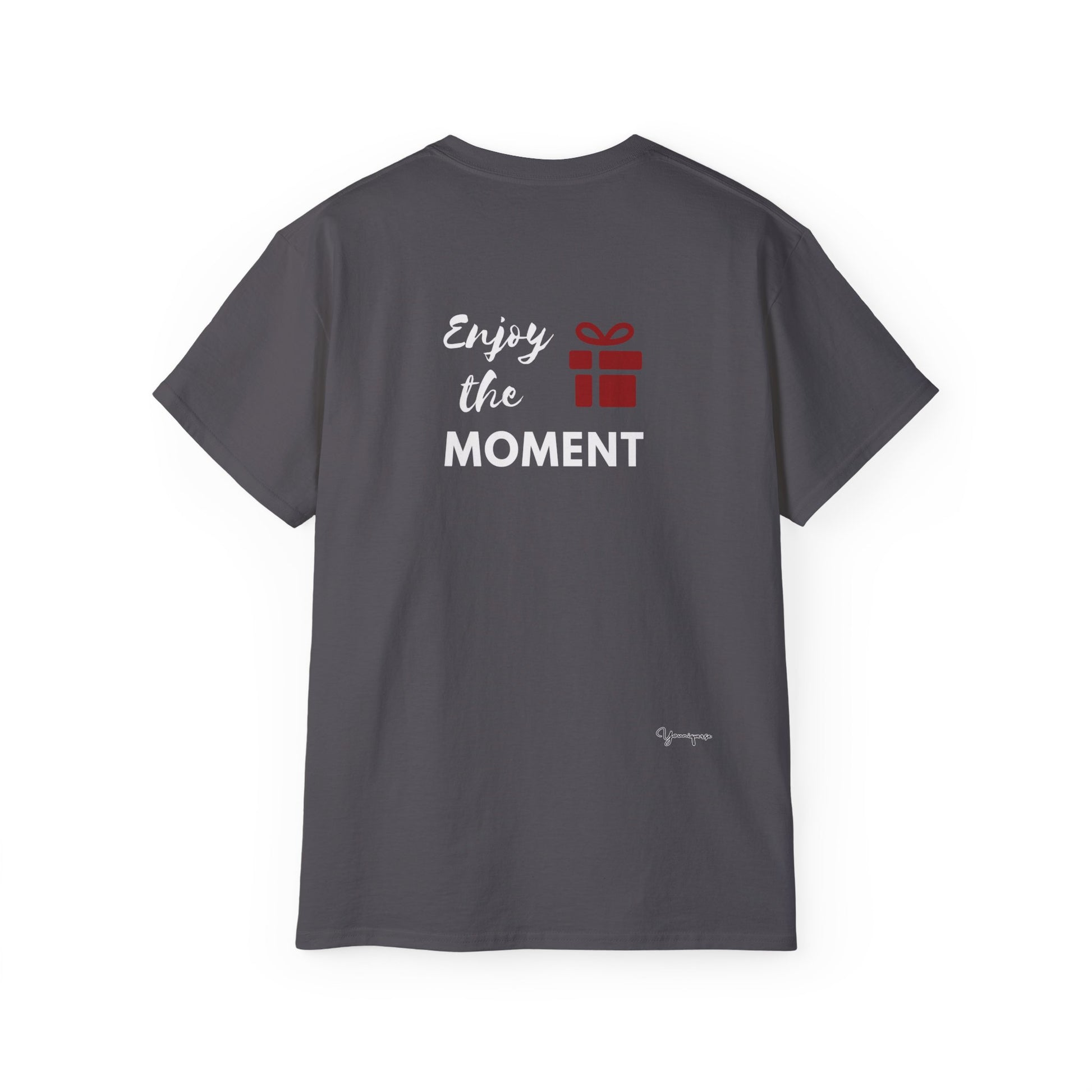 Charcoal unisex t-shirt with a red gift box inspirational quote Enjoy The Present Moment on front and back by Youniqverse