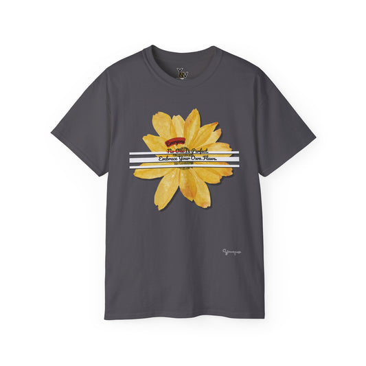 Charcoal unisex t-shirt with a yellow floral inspirational quote Everyone Is Perfect Embrace Your Own Flaws by Youniqverse