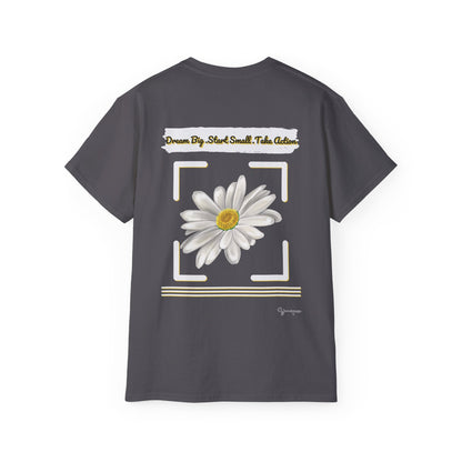 Charcoal unisex t-shirt with a floral graphic motivational quote Dream Big Start Small Take Action on front and back by Youniqverse