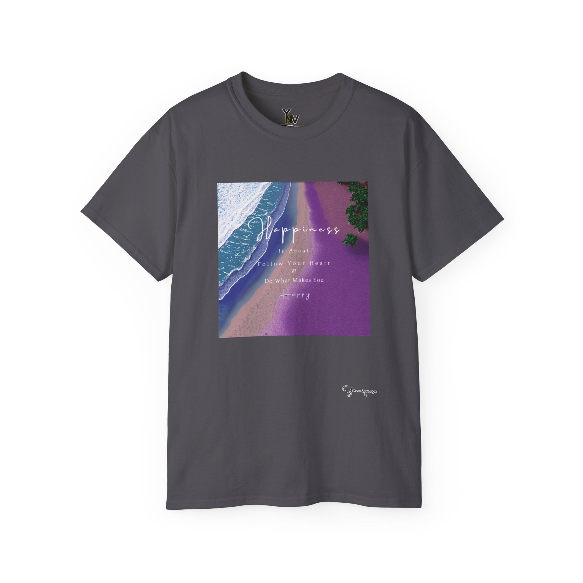 Charcoal unisex t-shirt with purple beach graphic Happiness Is About Follow Your Heart and Do What Makes You Happy by Youniqverse