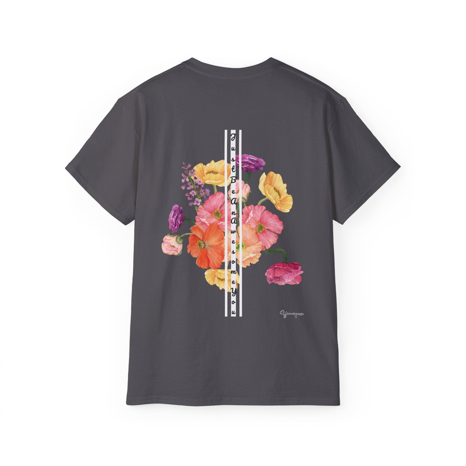 Charcoal unisex cotton t-shirt with yellow pink purple florals graphic Just Be An Awesome You on front and back by Youniqverse