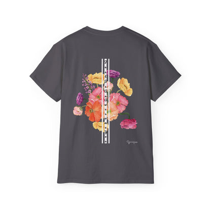 Charcoal unisex cotton t-shirt with yellow pink purple florals graphic Just Be An Awesome You on front and back by Youniqverse