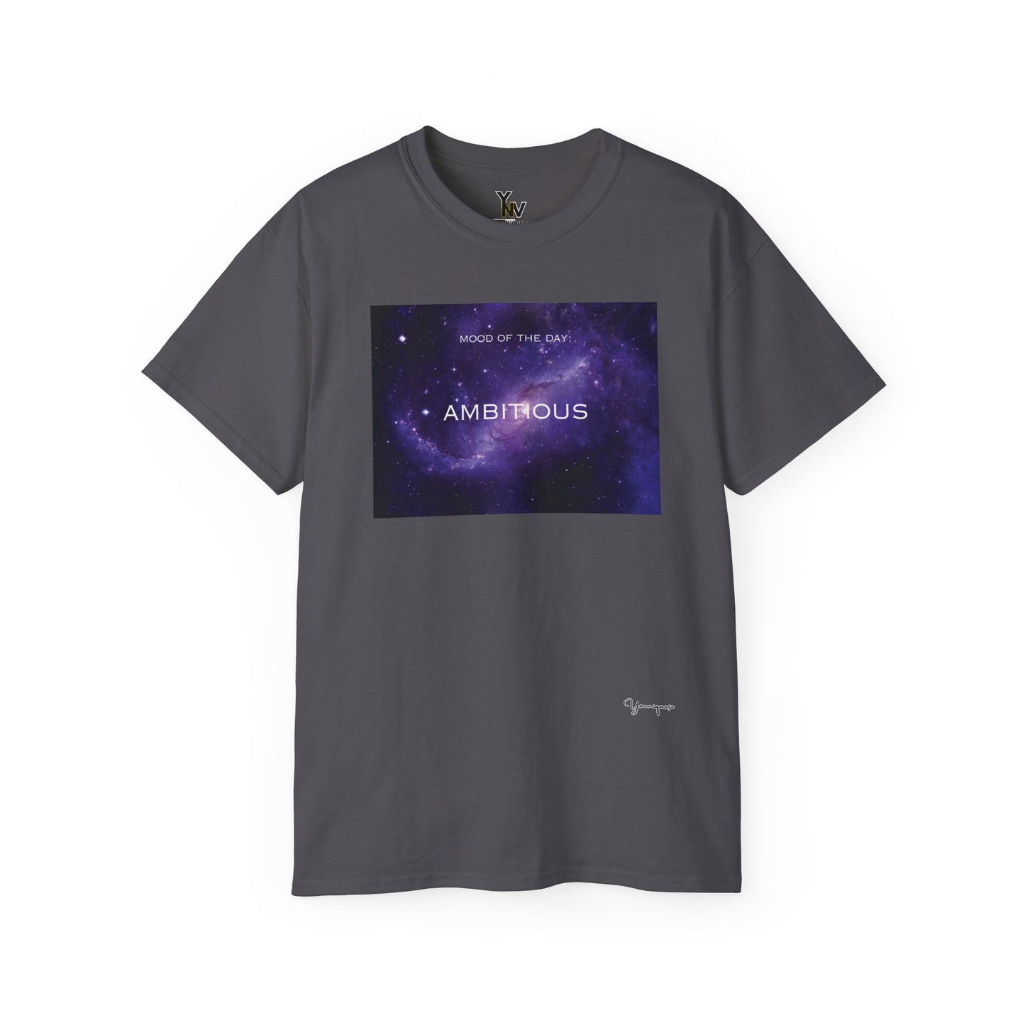 Charcoal unisex t-shirt with a purple universe milky way galaxy motivational Mood Of The Day Ambitious by Youniqverse