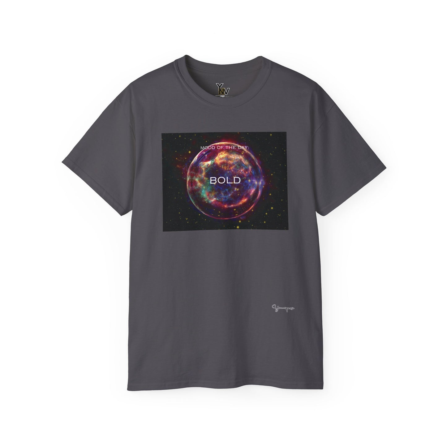 Charcoal unisex t-shirt with a red sphere-shaped cosmos graphic motivational Mood Of The Day Bold by Youniqverse