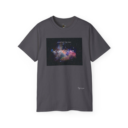 Charcoal unisex t-shirt with a rainbow universe graphic motivational Mood Of The Day Confident by Youniqverse