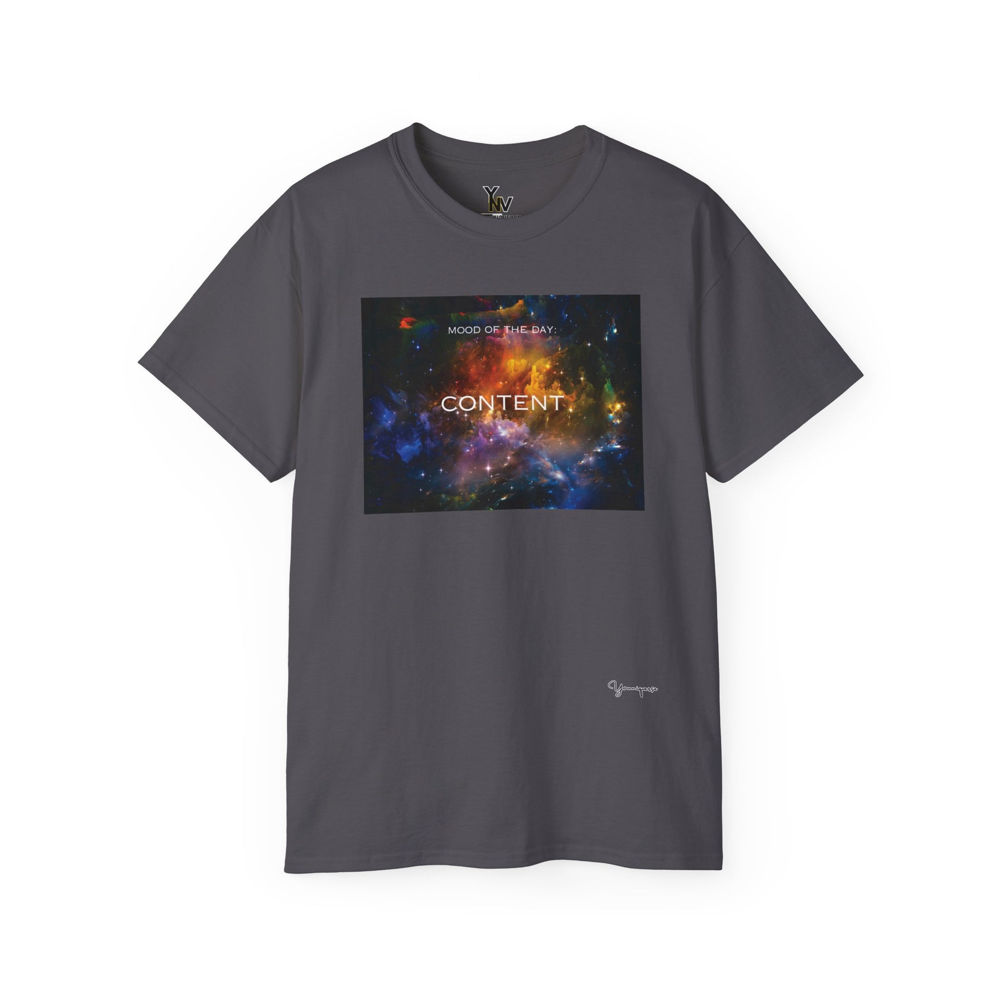 Charcoal unisex t-shirt with a rainbow universe galaxy graphic motivational Mood Of The Day Content by Youniqverse