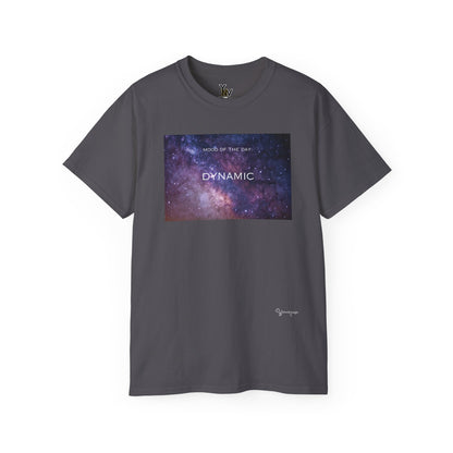 Charcoal unisex t-shirt with a pink and purple universe galaxy motivational Mood Of The Day Dynamic by Youniqverse