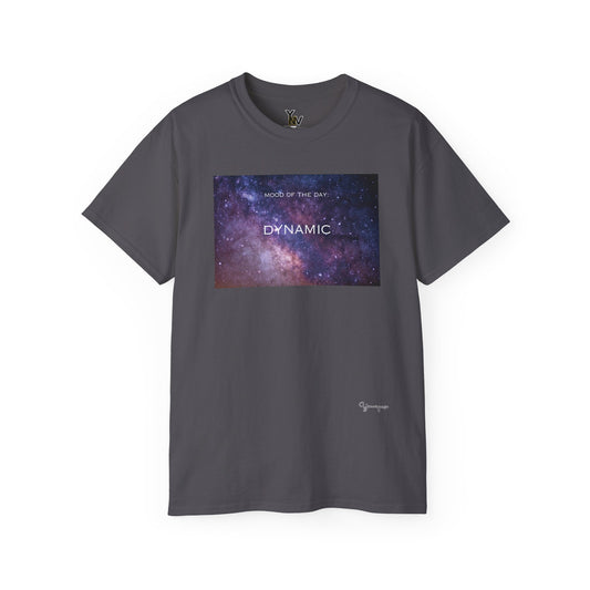 Charcoal unisex t-shirt with a pink and purple universe galaxy motivational Mood Of The Day Dynamic by Youniqverse