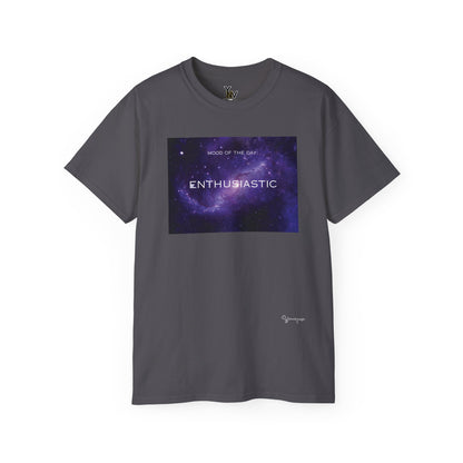 Charcoal unisex t-shirt with a purple universe galaxy graphic motivational Mood Of The Day Enthusiastic by Youniqverse