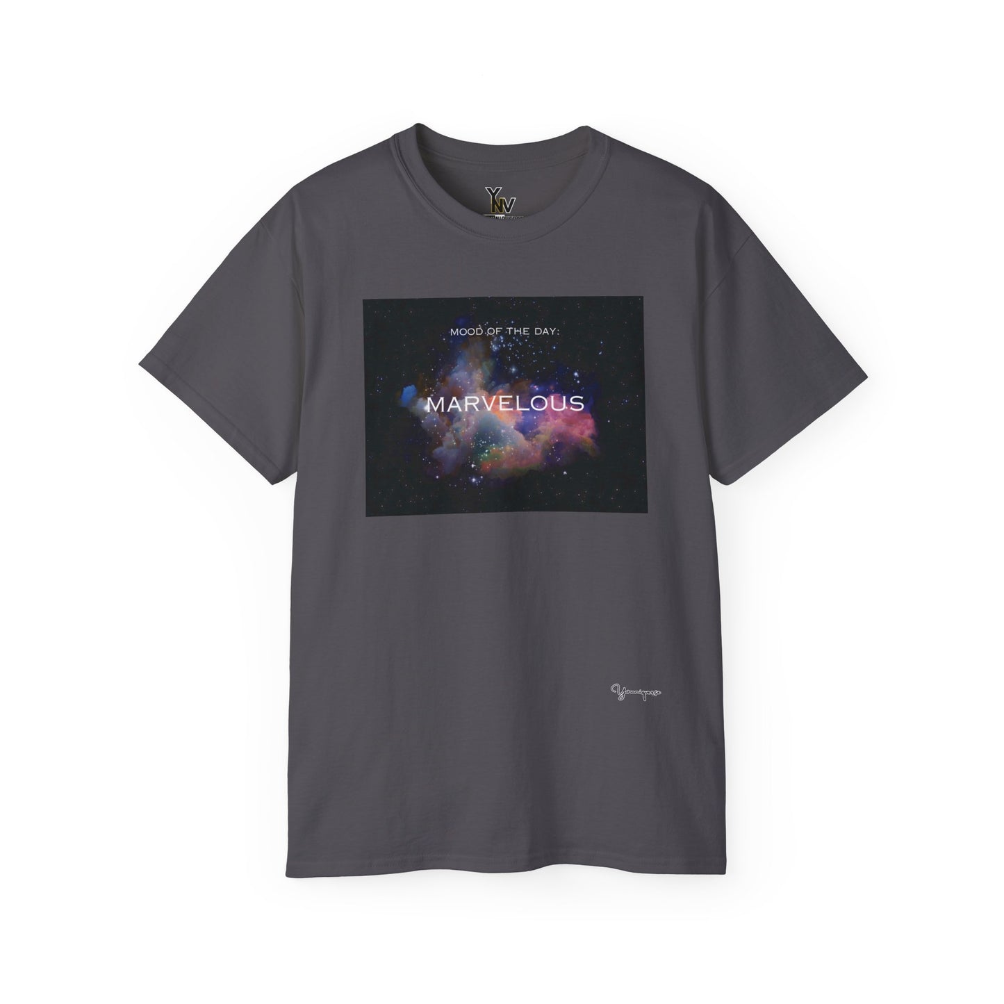 Charcoal unisex t-shirt with a rainbow universe graphic motivational Mood Of The Day Marvelous by Youniqverse