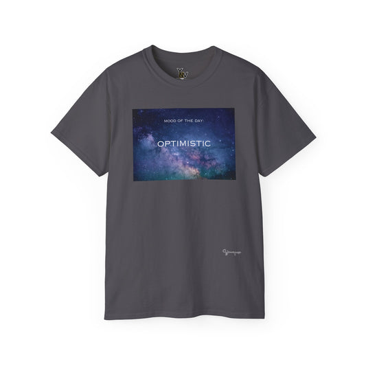 Charcoal unisex t-shirt with a blue universe galaxy graphic motivational Mood Of The Day Optimistic by Youniqverse